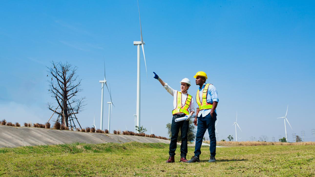 Técnicos con un plano al lado de aerogeneradores